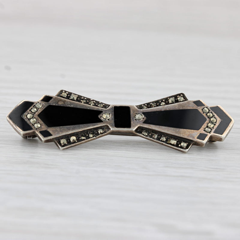 Art Deco Vintage Onyx Marcasite Bow Brooch Sterling Silver Pin