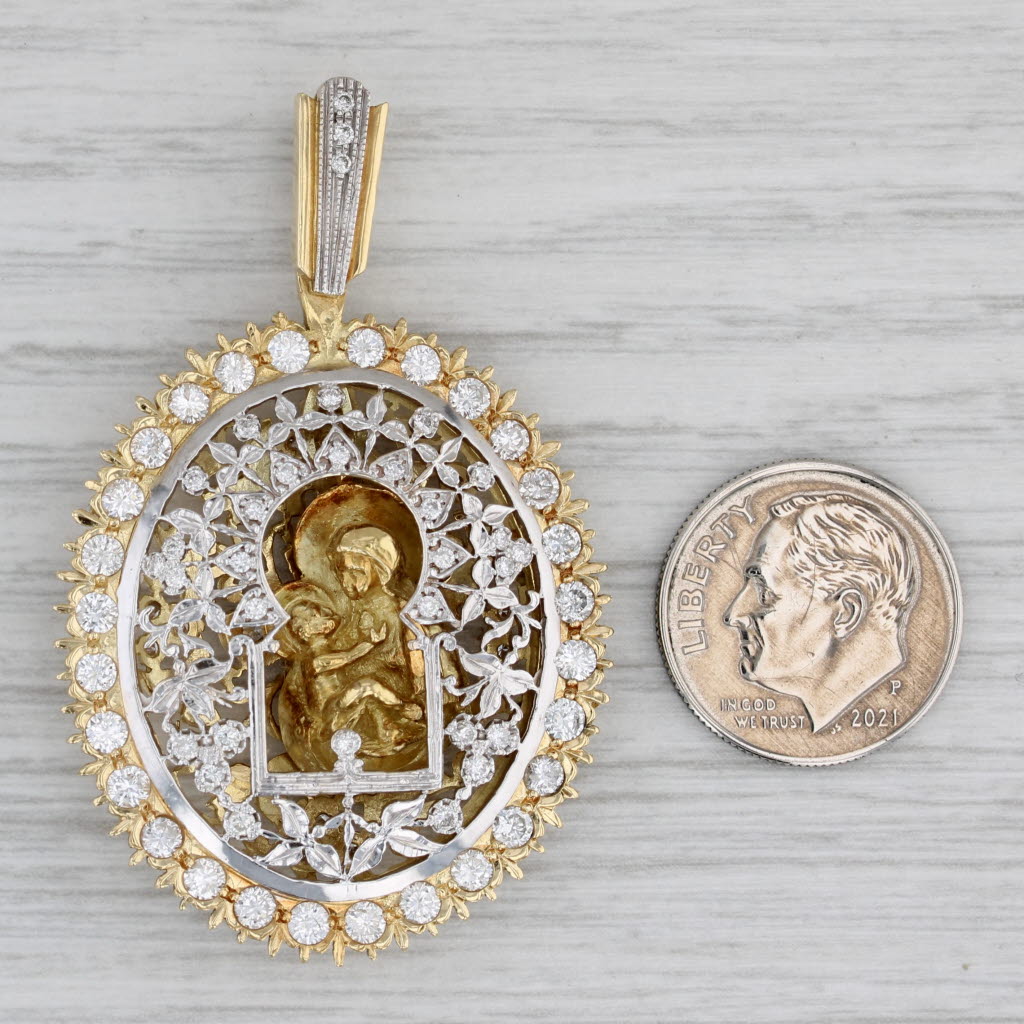 Gray 1.70ctw Diamond Framed Madonna & Child Pendant 18k Gold Moves Reversible