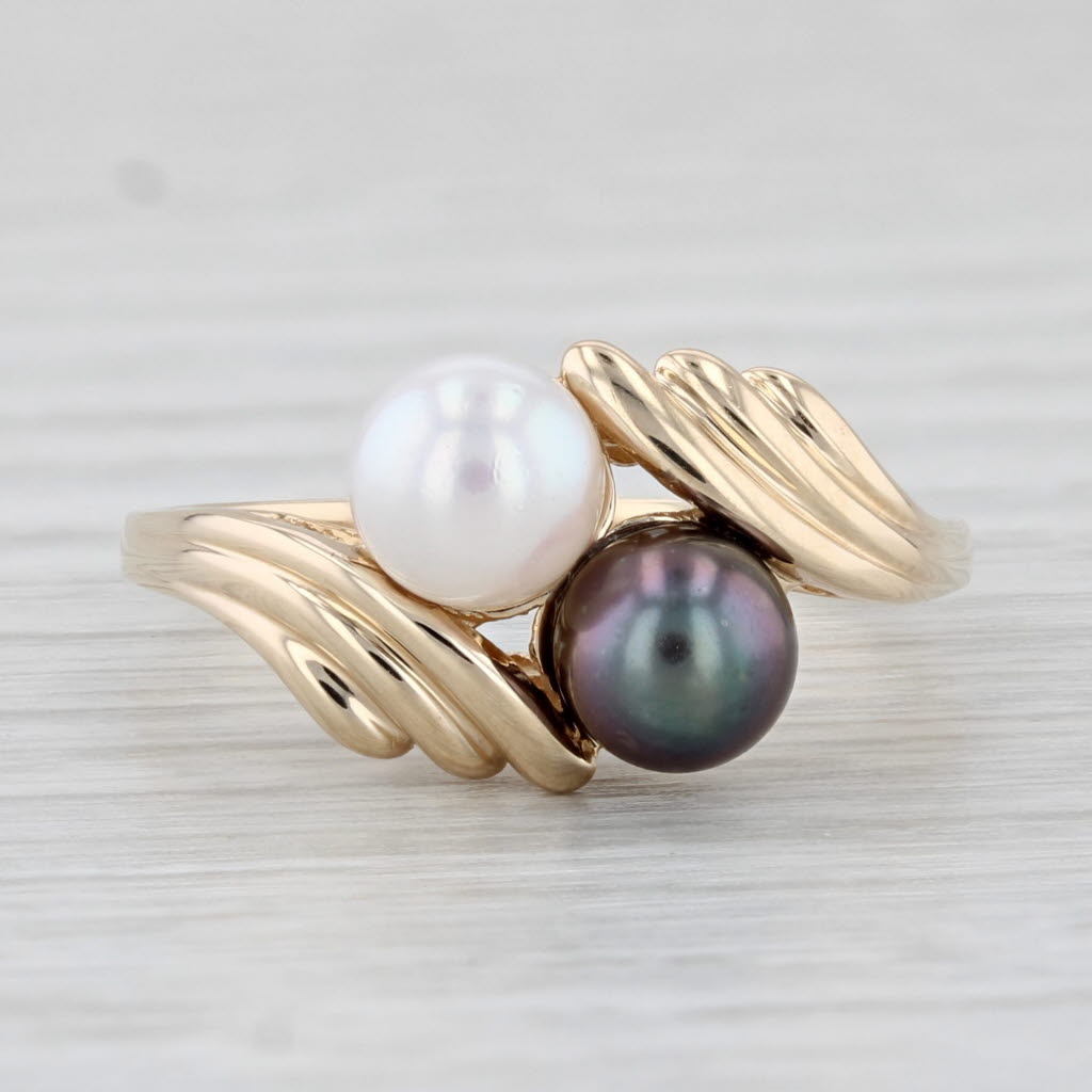 Light Gray Black White Cultured Pearl Bypass Ring 10k Yellow Gold Size 7.75