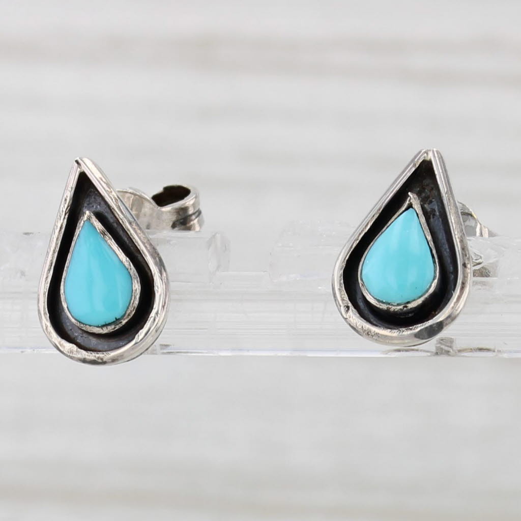 Light Gray Vintage Turquoise Howlite Stud Earrings Sterling Silver Small Teardrops