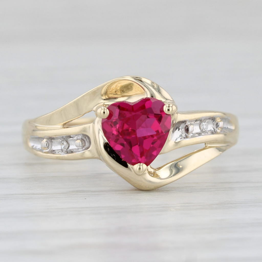 Light Gray Lab Created Ruby Heart Diamond Ring 10k Yellow Gold Bypass Size 7