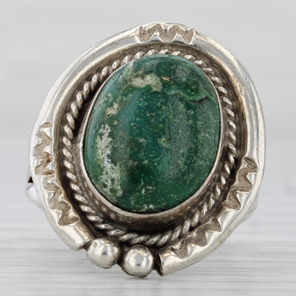 Light Gray Green Turquoise Native American Ring Vintage Silver Sz 8 Statement Oval Cabochon