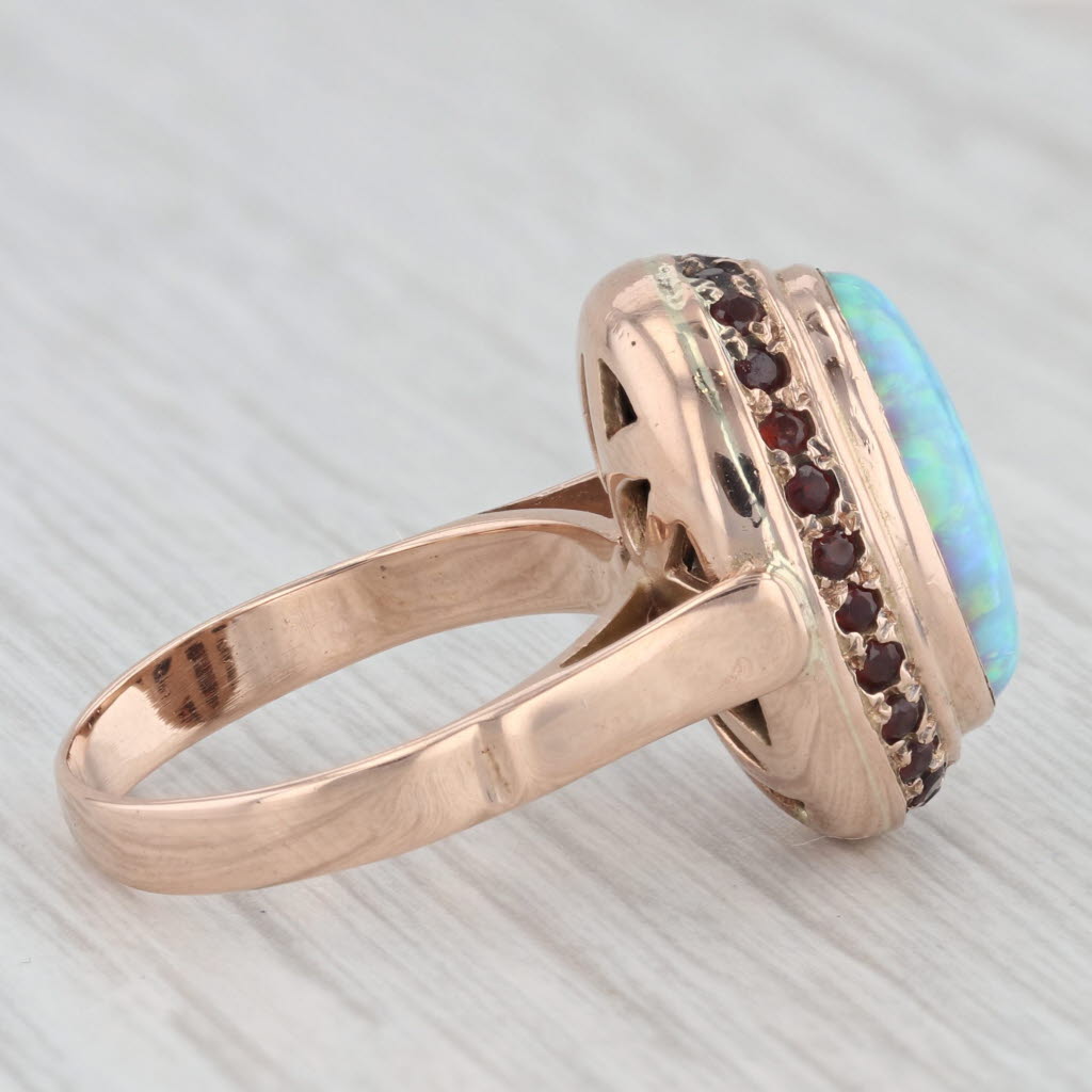 Light Gray Lab Created Opal Garnet Halo Ring 14k Rose Gold Size 6.75