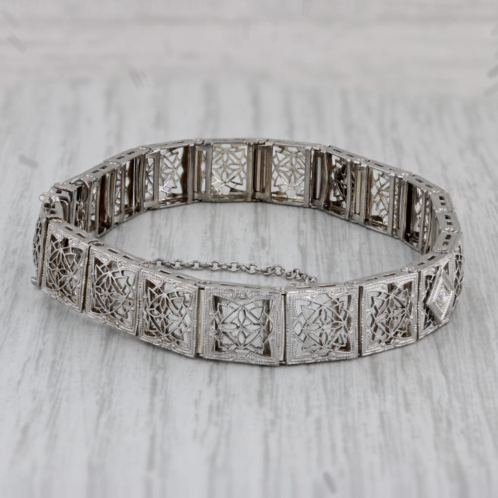 Gray Art Deco 0.18ctw Diamond Filigree Bracelet 14k White Gold Platinum 7"