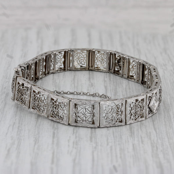 Art Deco 0.18ctw Diamond Filigree Bracelet 14k White Gold Platinum 7"