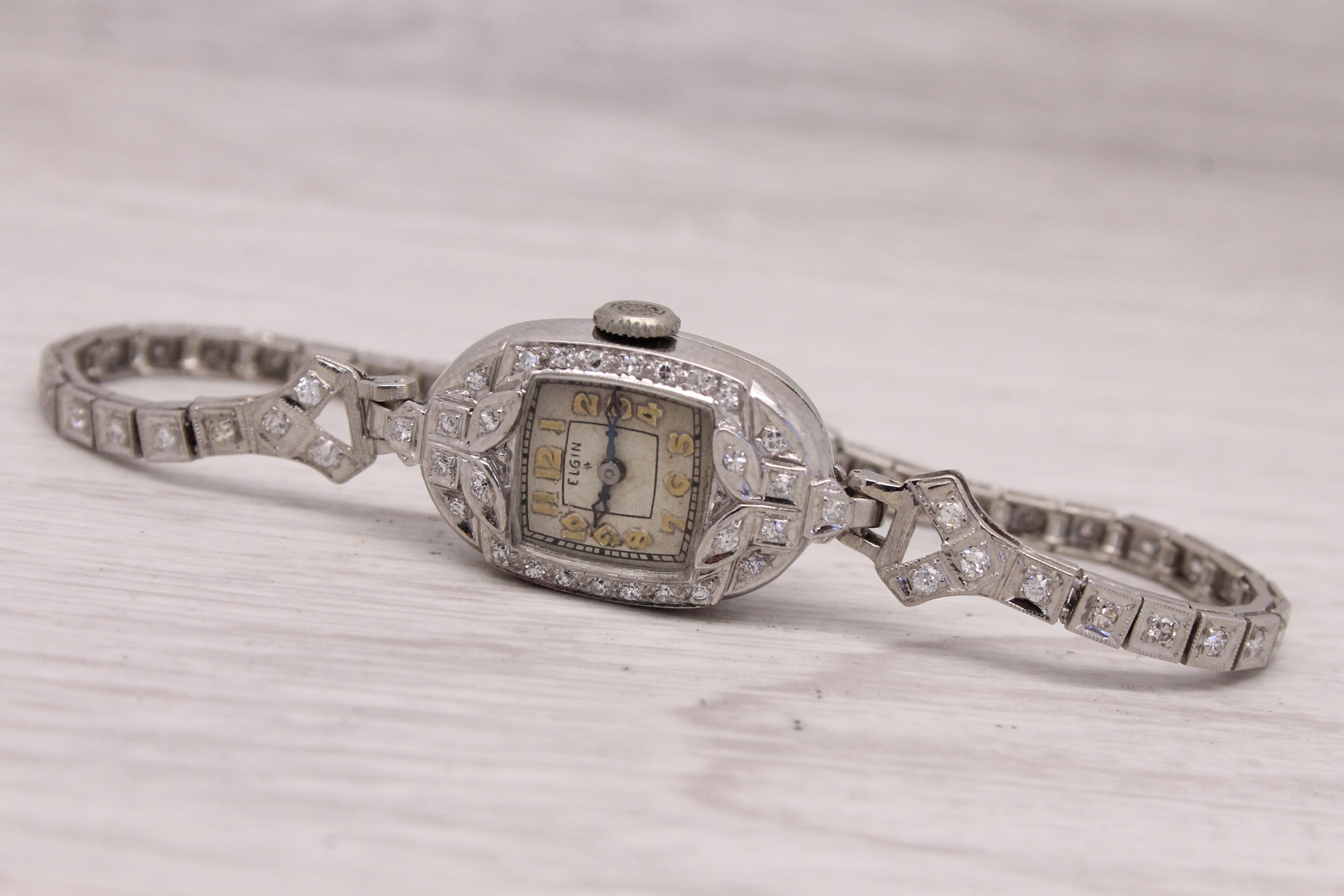 Gray Antique Elgin Ladies Platinum & 14k Diamond Cocktail Watch 0.65ctw SERVICED