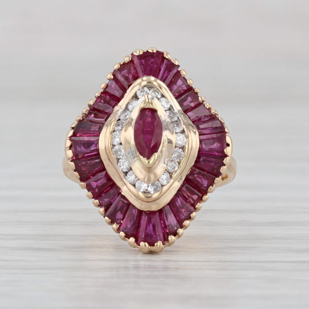 1.63ctw Contoured Ruby Diamond Halo Ring 14k Yellow Gold Small Size 1.75
