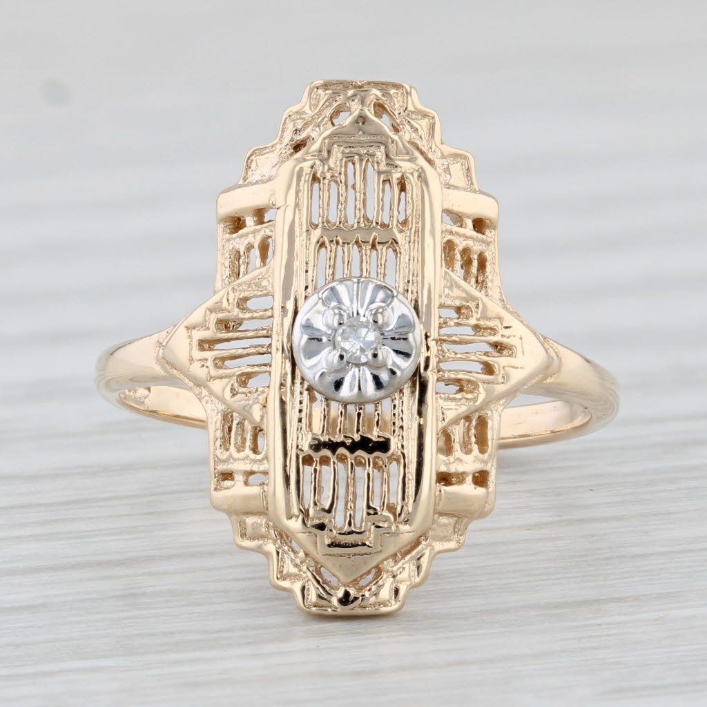 Light Gray Vintage Diamond Ring 10k Yellow Gold Size 6 Filigree Openwork