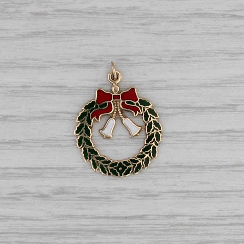 Vintage Enamel Christmas Wreath Pendant 14k Yellow Gold Holiday Charm