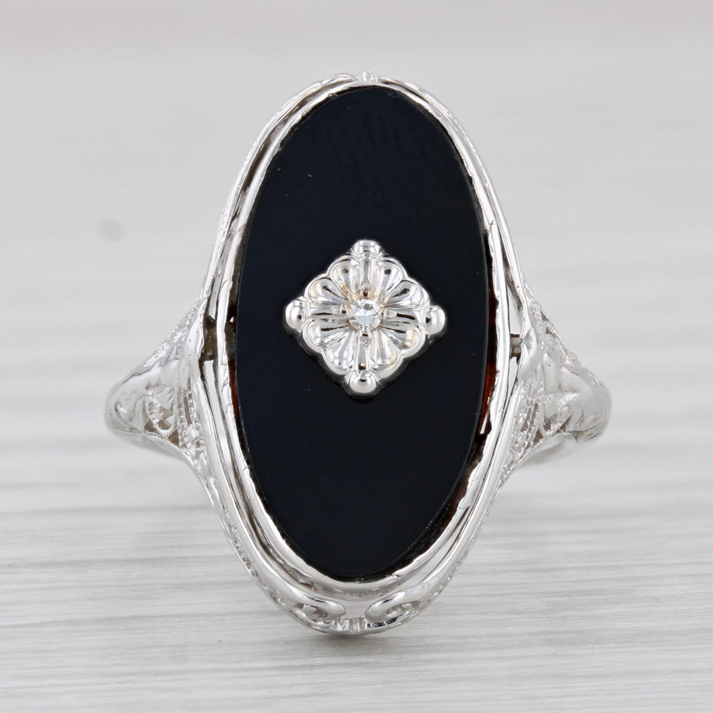 Light Gray Vintage Filigree Cameo Onyx Flip Ring 14k White Gold Size 6 Carved Shell Onyx