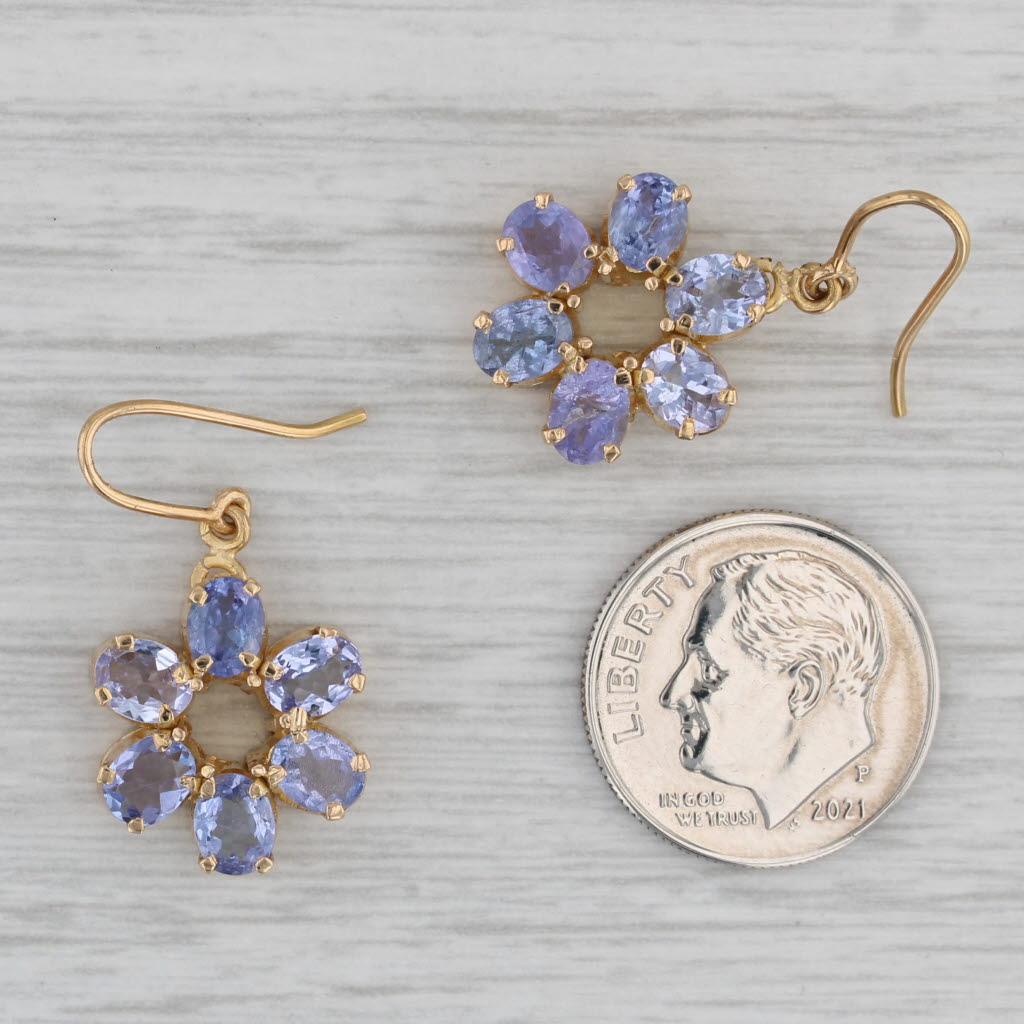 Gray 4ctw Tanzanite Flower Dangle Earrings 18k Yellow Gold Hook Post Drops