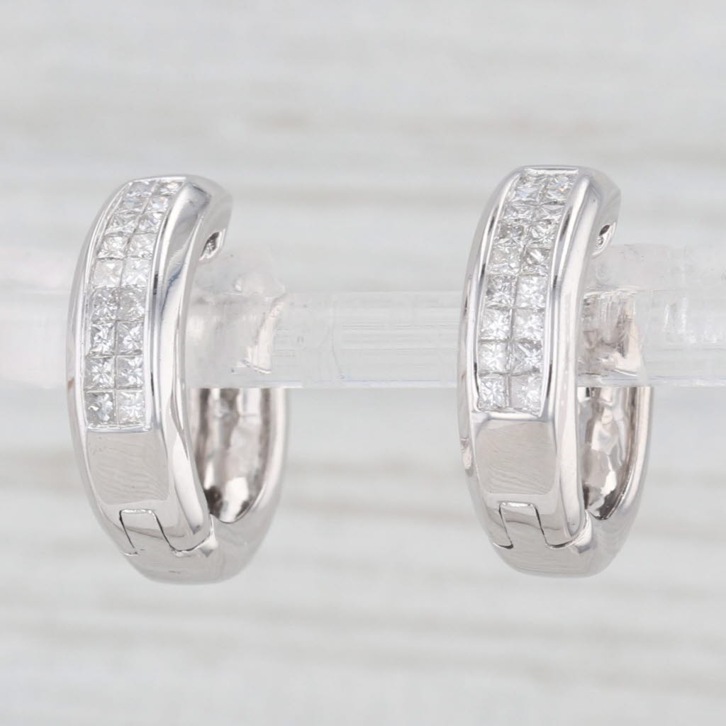 Light Gray 0.70ctw Diamond Hoop Huggie Earrings 14k White Gold Snap Top Round Hoops