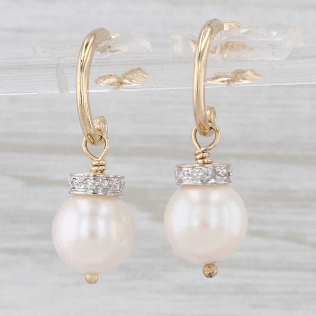 Light Gray Cultured Pearl Diamond Dangle Charms Hoop Earrings 14k Yellow Gold Convertible