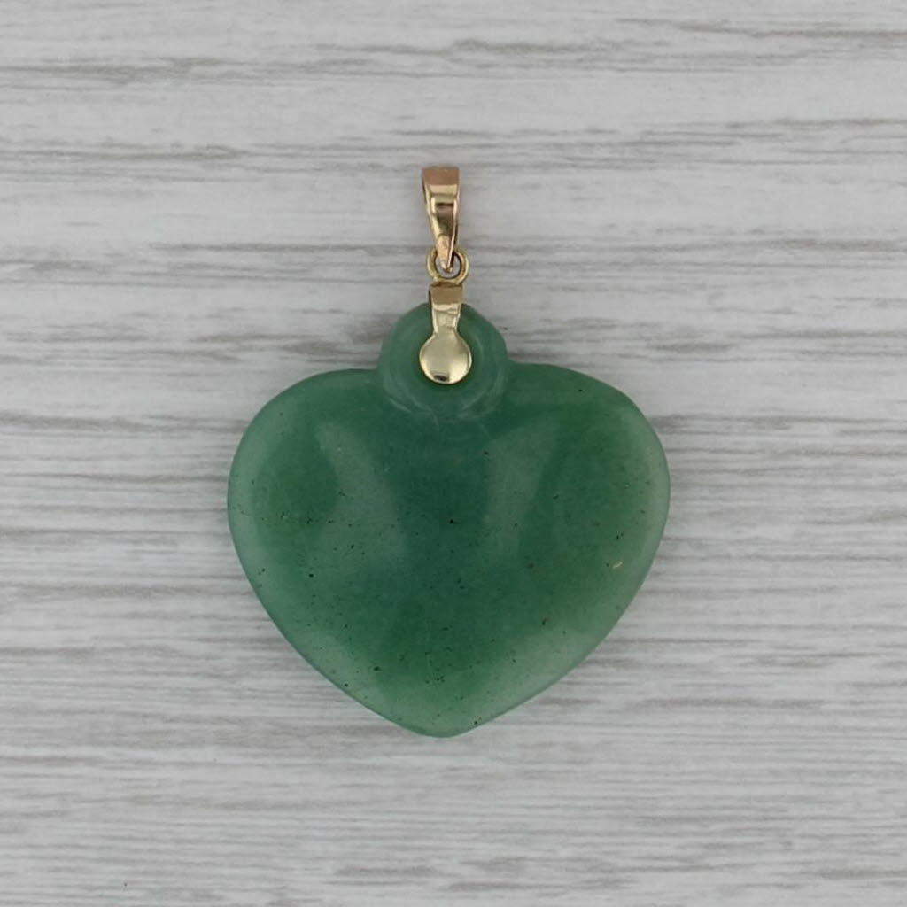 Green Aventurine Quartz Heart Pendant 14k Yellow Gold Double Cabochon