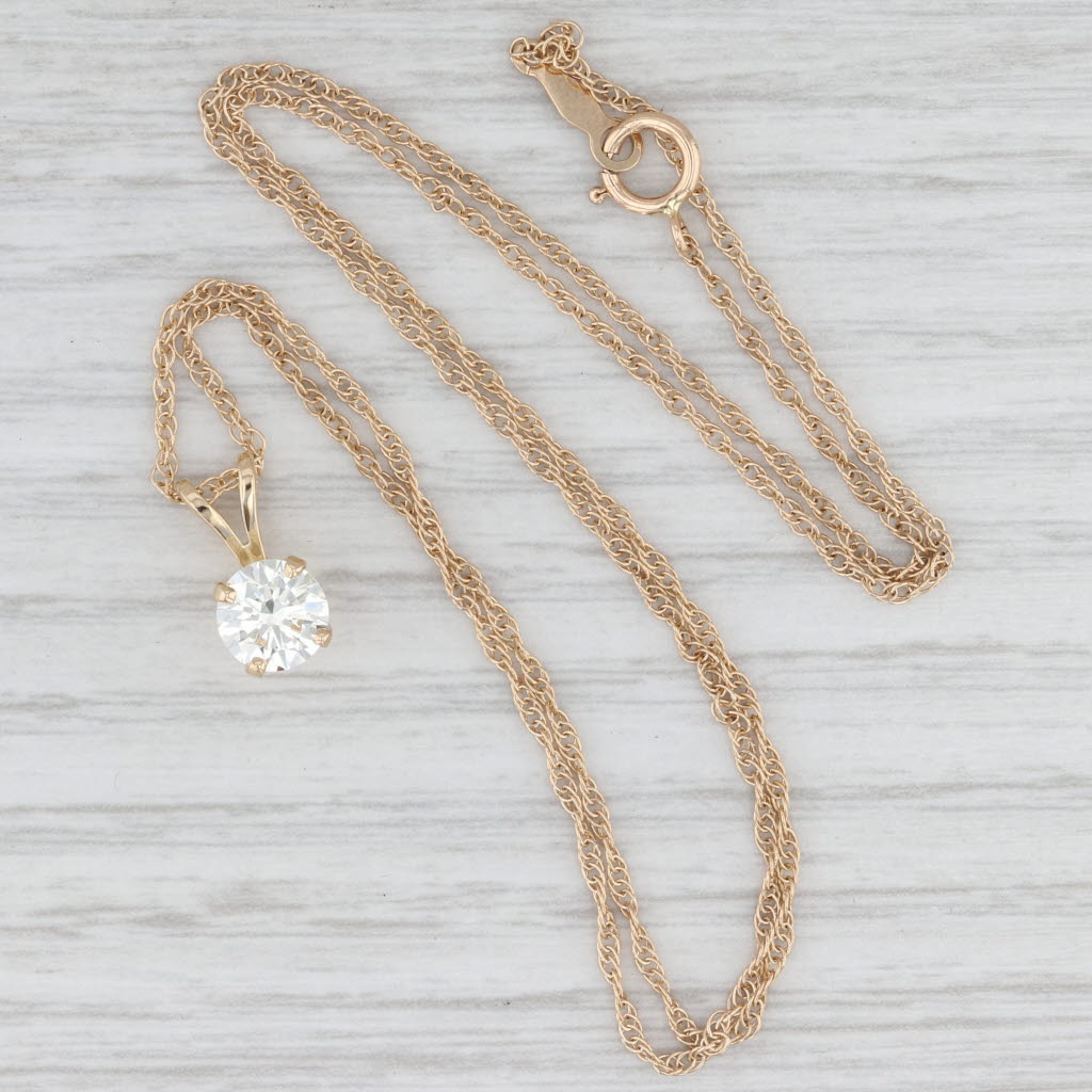 0.90ct Round Diamond Solitaire Pendant Necklace 14k Gold 18.5" Rope Chain GIA
