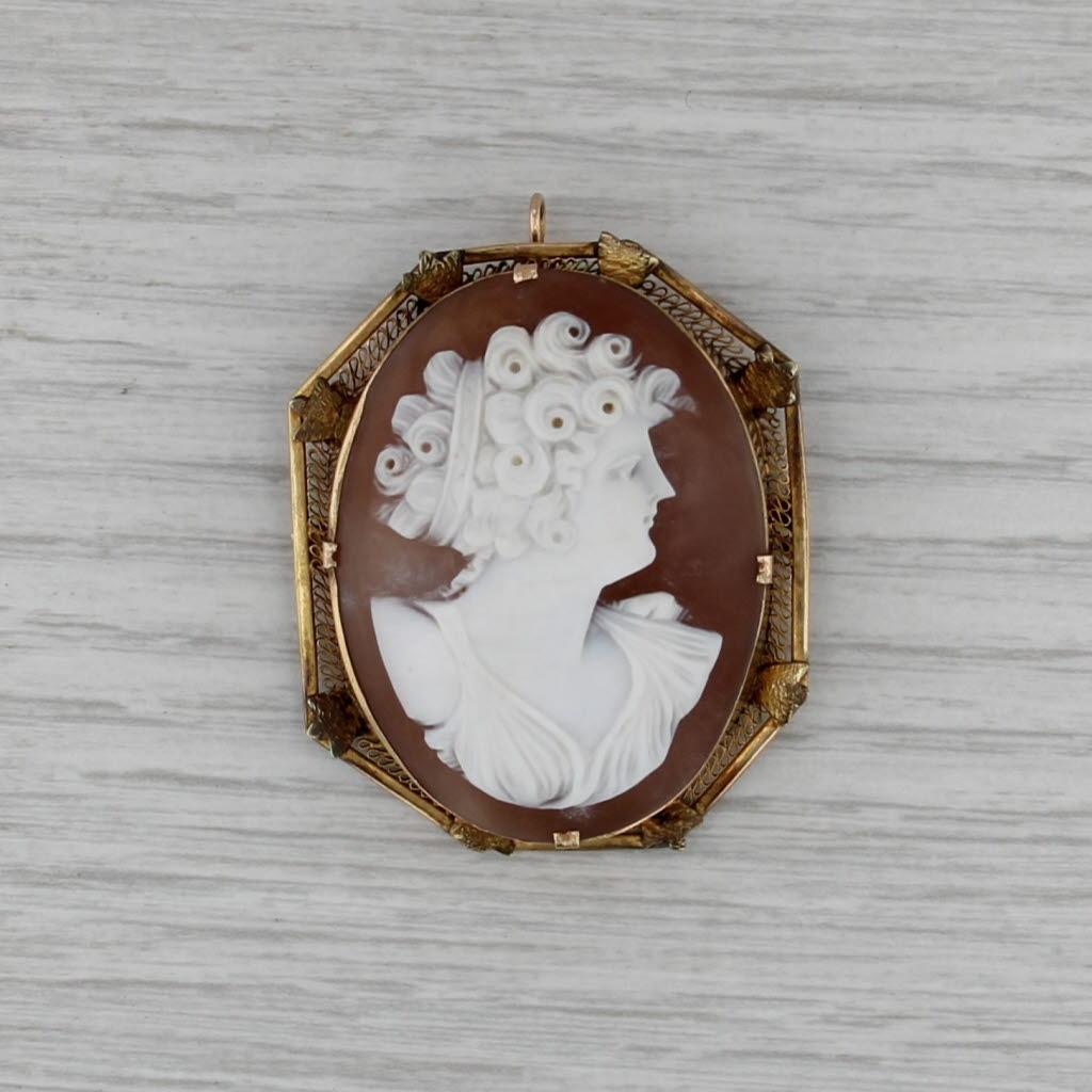 Vintage Shell Cameo Brooch Pendant 14k Yellow Gold Carved Figural Pin