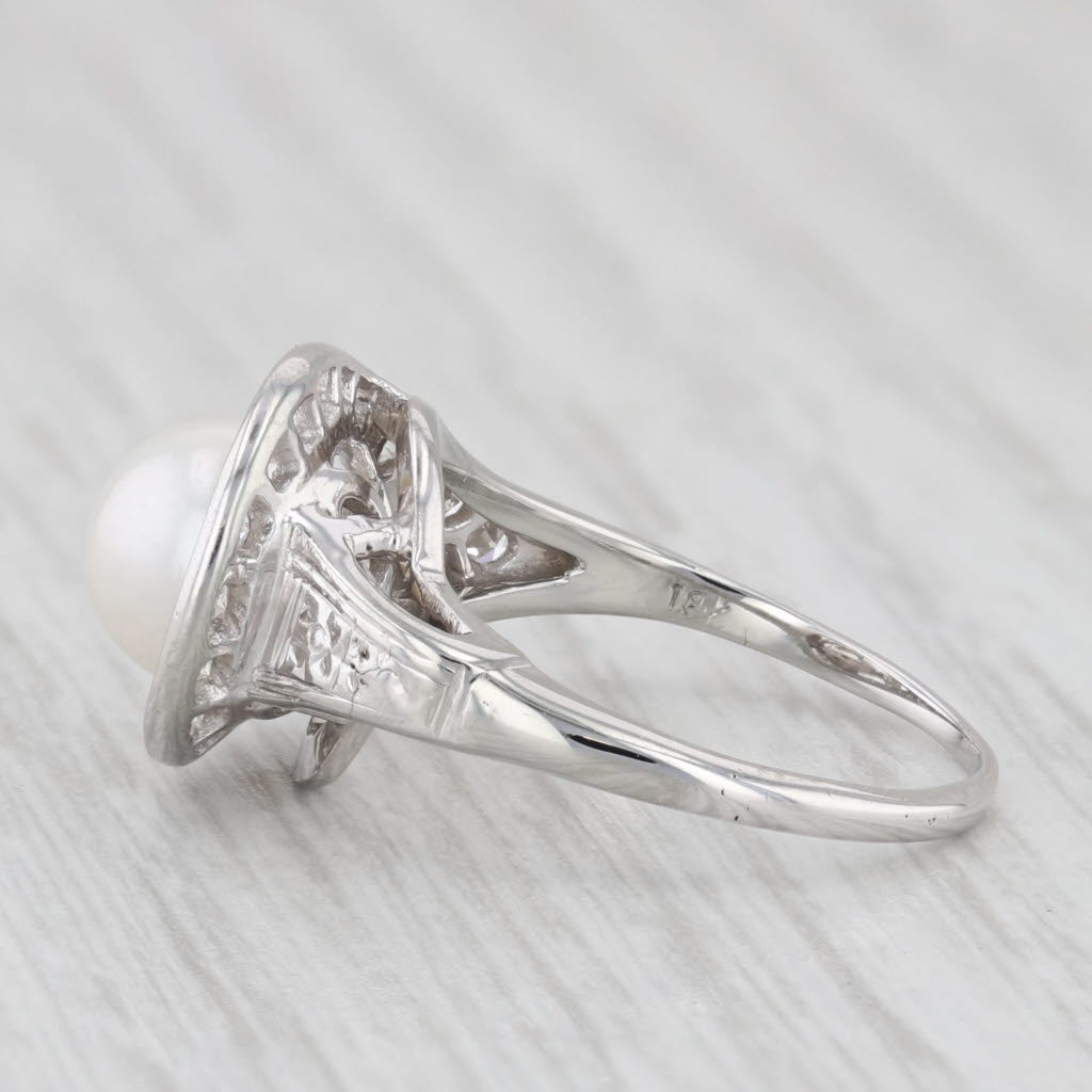 Light Gray Vintage Pearl Diamond 18K White Gold Size 5 Teardrop Ring