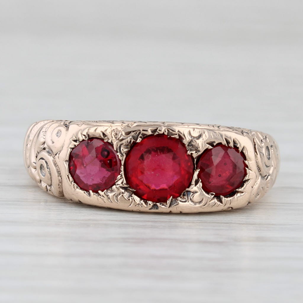 Light Gray Antique Ornate Red Glass Garnet Ring 8k Rose Gold Size 8.75 Round 3-Stone