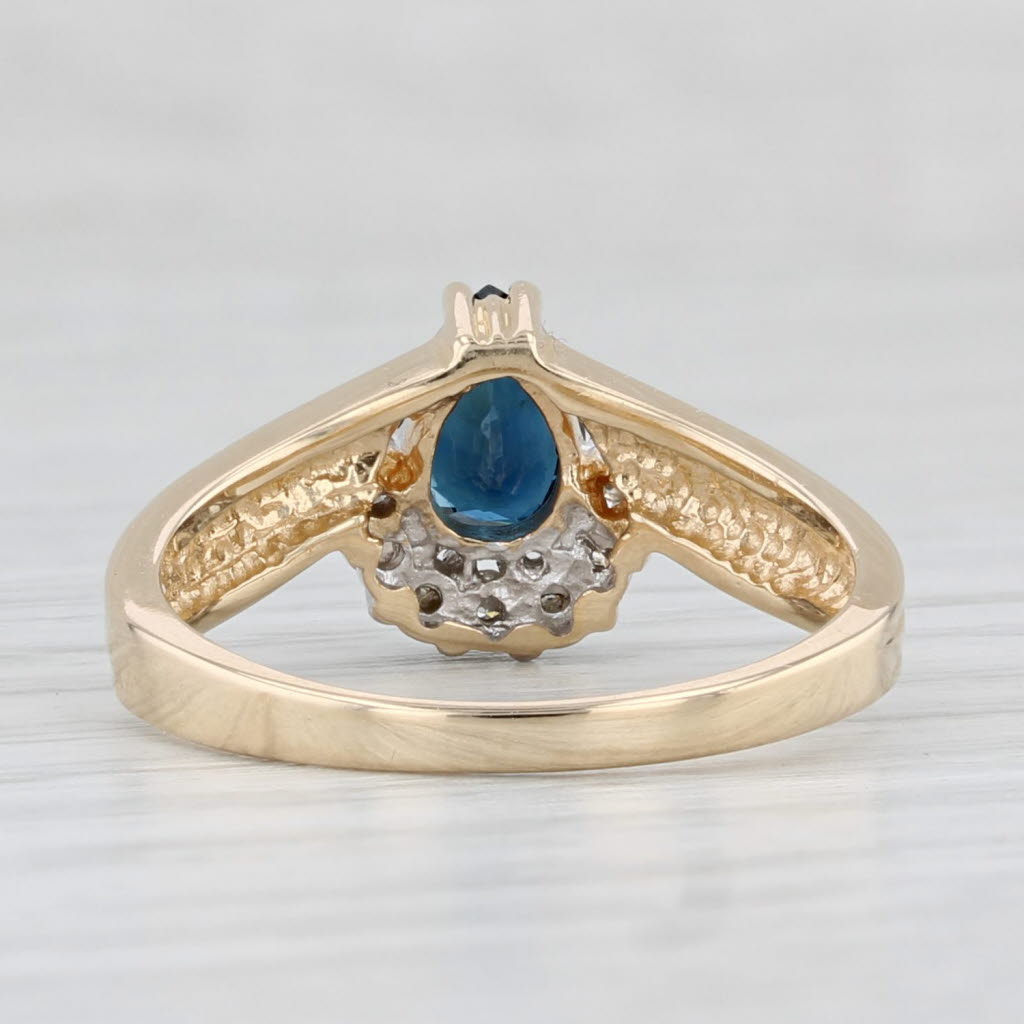 Light Gray 0.85ctw Pear Blue Sapphire Diamond Contoured V Ring 14k Yellow Gold Size 7.5