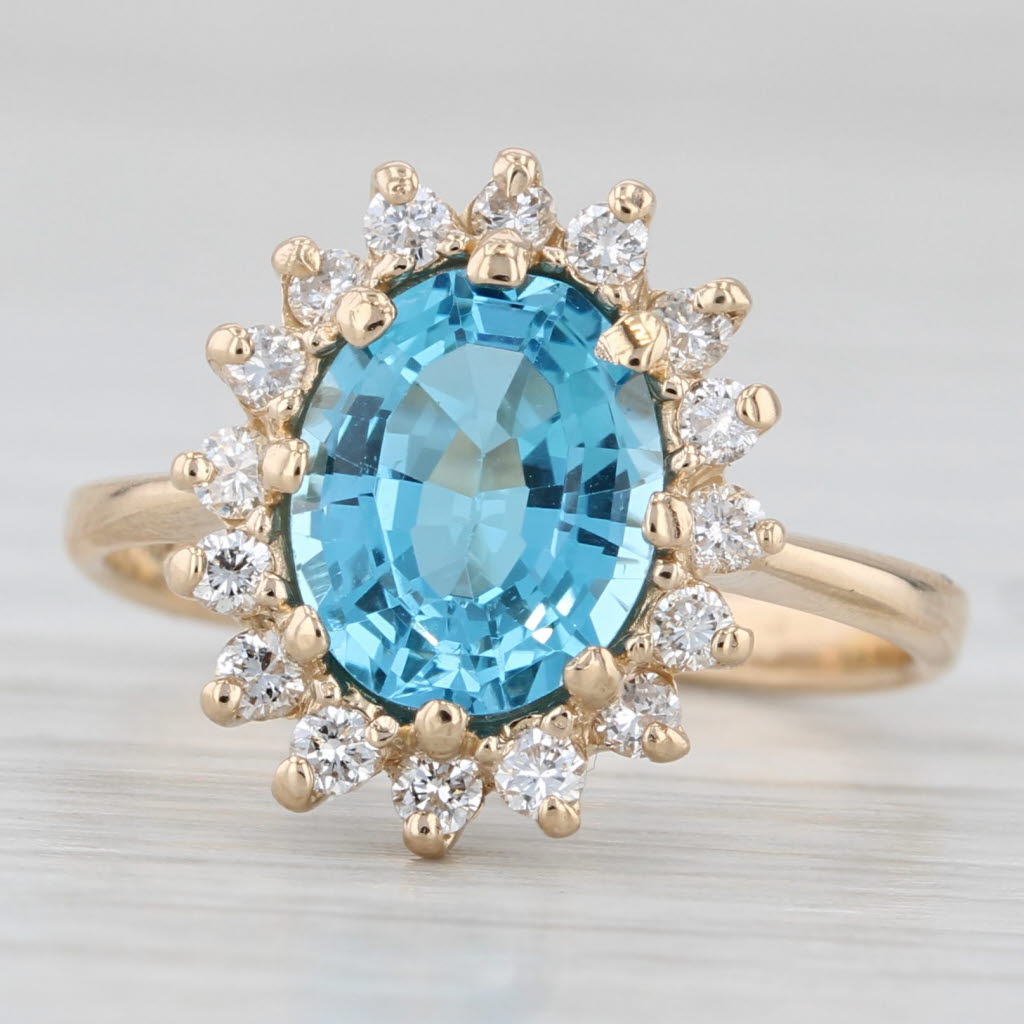 Light Gray 2.55ctw Blue Topaz Diamond Halo Ring 14k Yellow Gold Size 5.25 Engagement