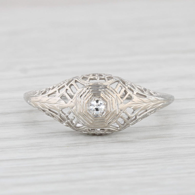Light Gray Art Deco Diamond Solitaire Engagement Ring 18k White Gold Filigree Size 7.5