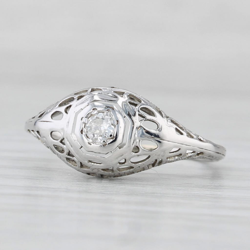 Light Gray Art Deco Diamond Solitaire Filigree Ring 18k 14k White Gold Size 5.25