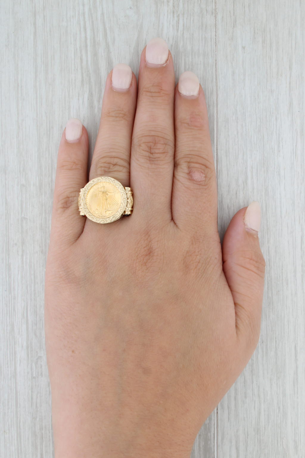 2002 American Gold Eagle Coin Ring 14k 22k Gold 1/10oz $5 Garnets Size 7.25