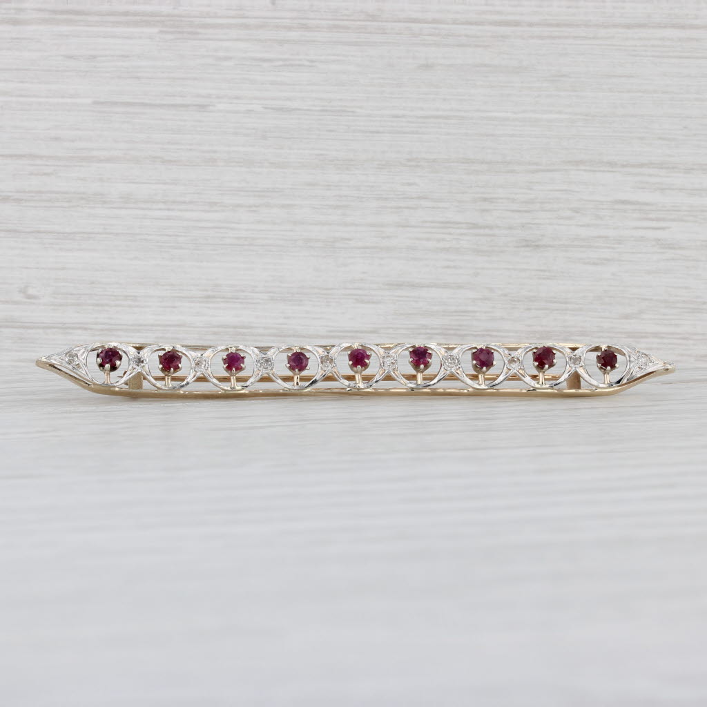 Light Gray Vintage 1.20ctw Ruby Diamond Bar Brooch Platinum 10k Yellow Gold Pin