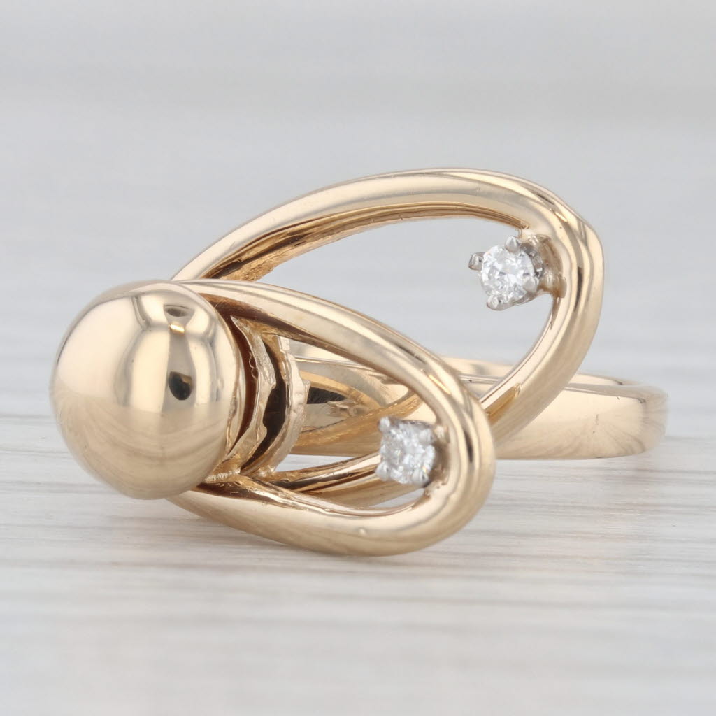 Light Gray Diamond Whirly Orbit Ring 14k Yellow Gold Size 7.25 Moving Spinning Parts