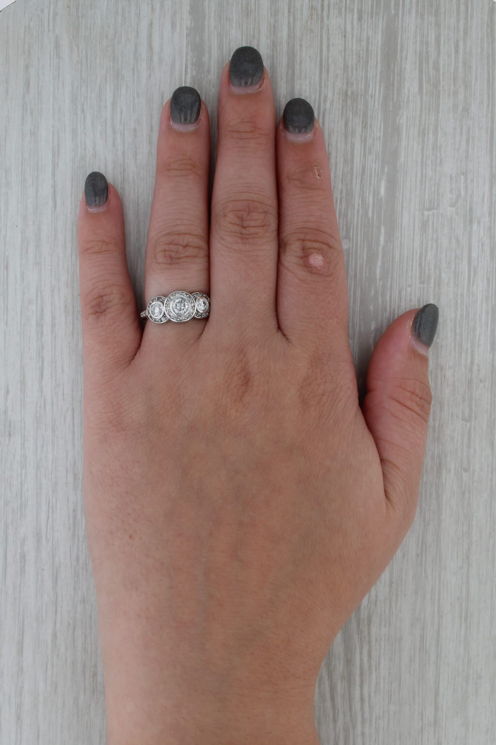 1.10ctw Diamond Halo 3-Stone Ring 14k White Gold Size 6.75 Engagement