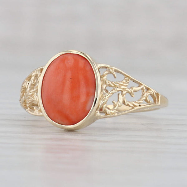 Gray Oval Coral Cabochon Solitaire Ring 10k Yellow Gold Size 8.5