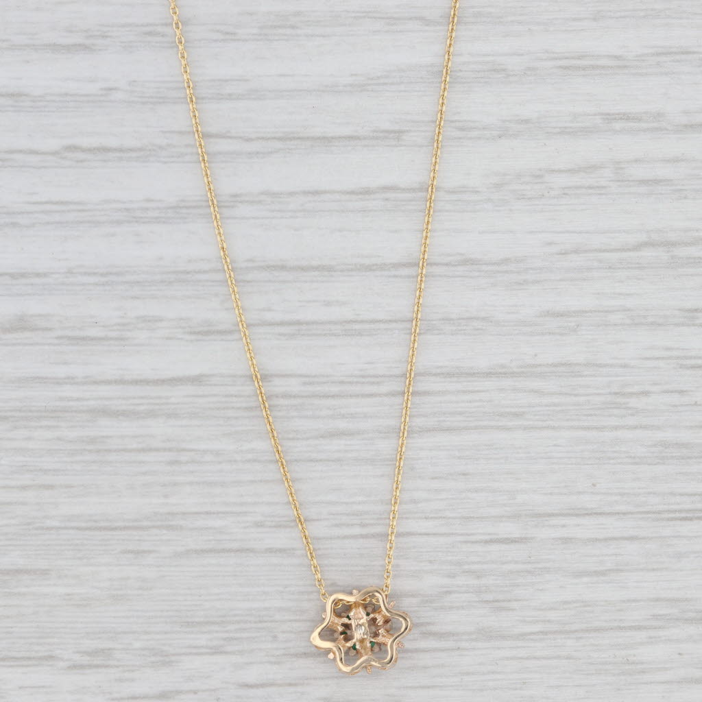 Light Gray Emerald Diamond Flower Pendant Necklace 14k Yellow Gold Adjustable Cable Chain