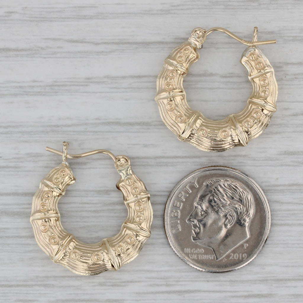 Gray Ornate Bamboo Etched Hoop Earrings 10k Yellow Gold Snap Top Round Hoops