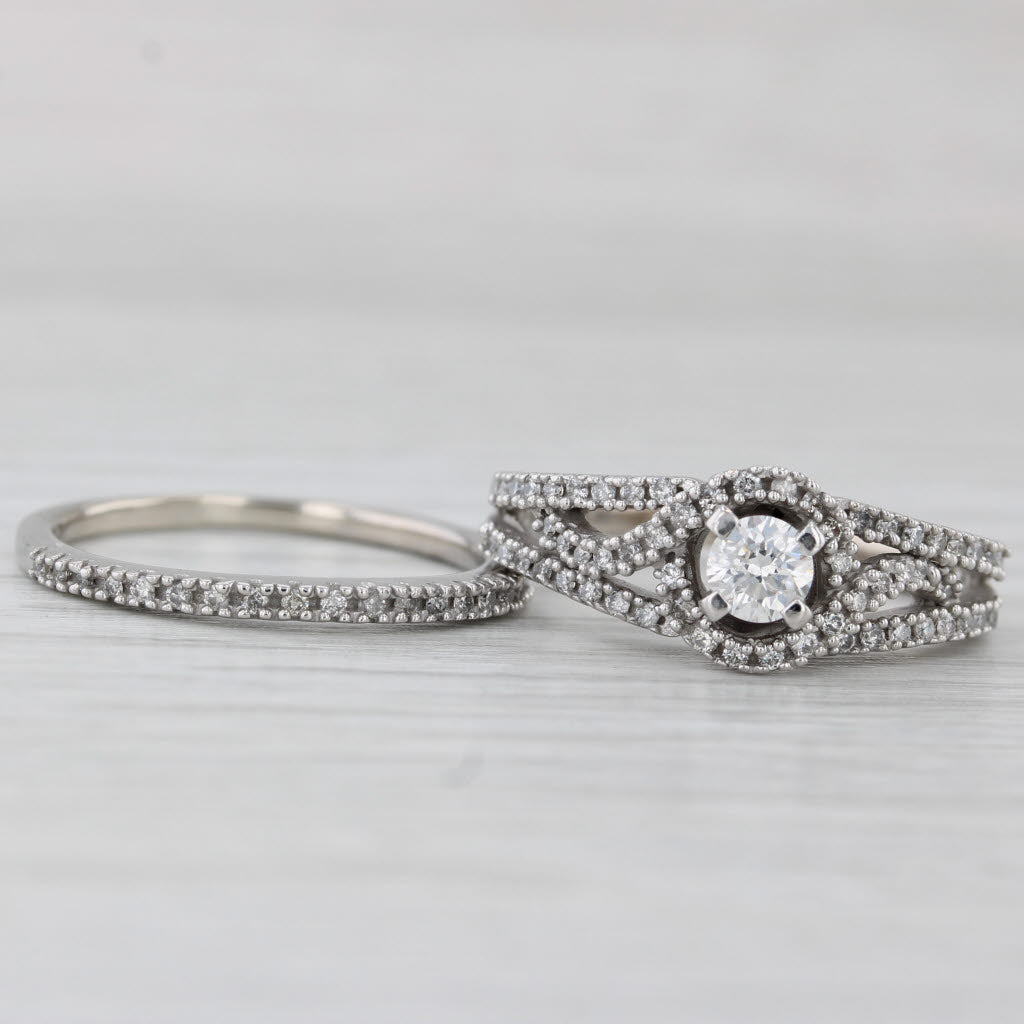 Light Gray 0.57ctw Diamond Halo Engagement Ring Wedding Band Bridal Set 10k White Gold