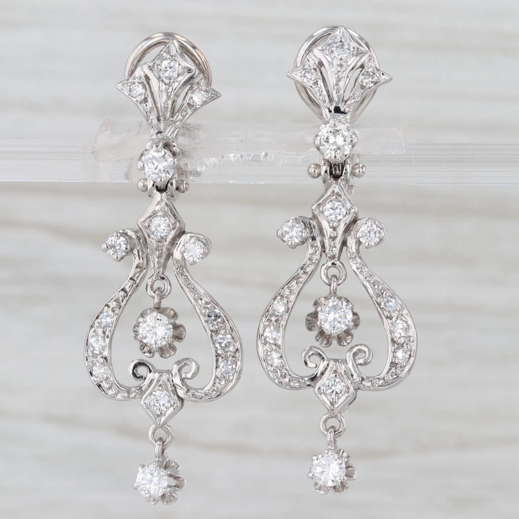 1.25ctw Diamond Chandelier Earrings 14k White Gold Ornate Vintage Clip On Drops