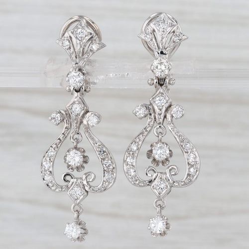 1.25ctw Diamond Chandelier Earrings 14k White Gold Ornate Vintage Clip On Drops