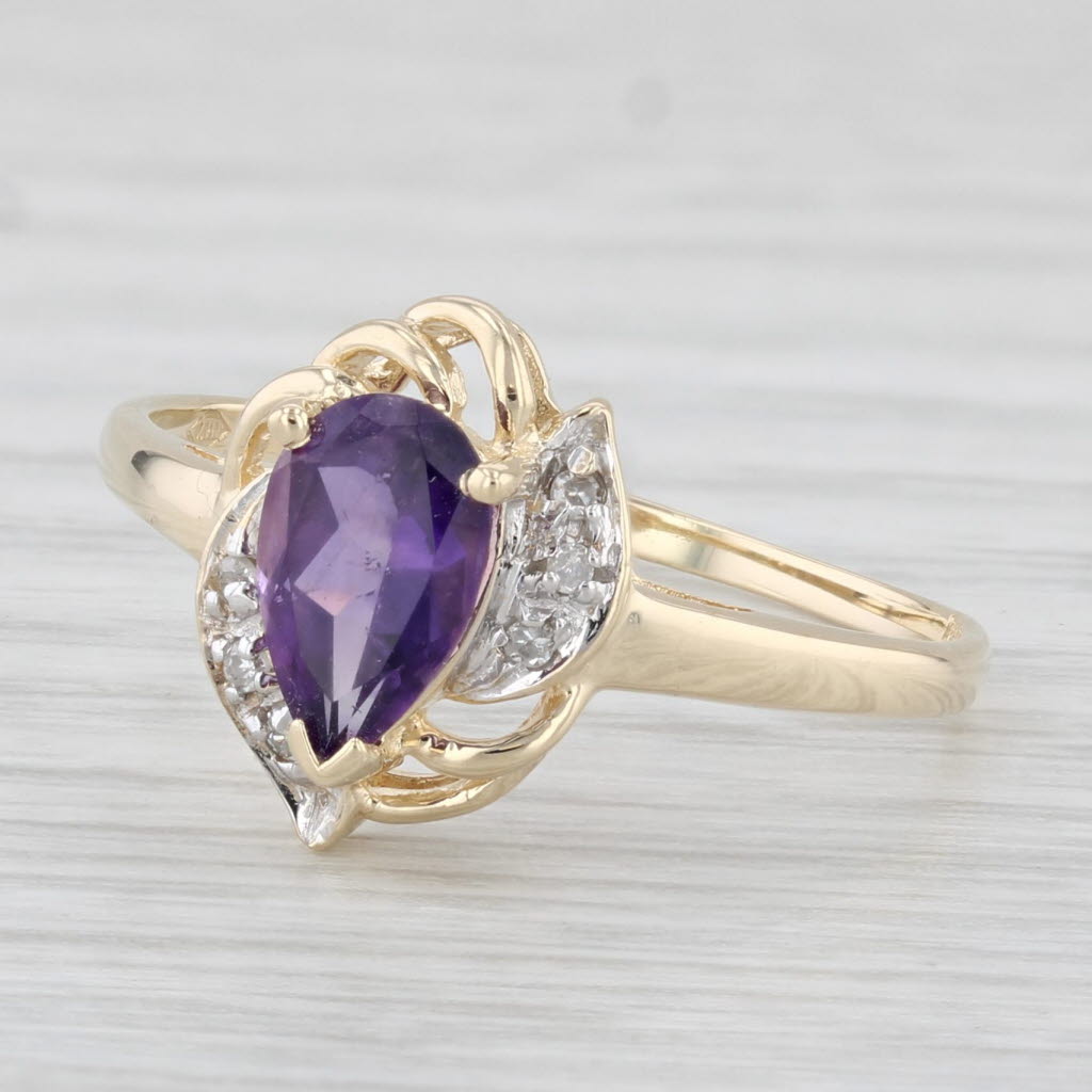 Light Gray 0.74ctw Pear Amethyst Diamond Teardrop Ring 10k Yellow Gold Size 8.25