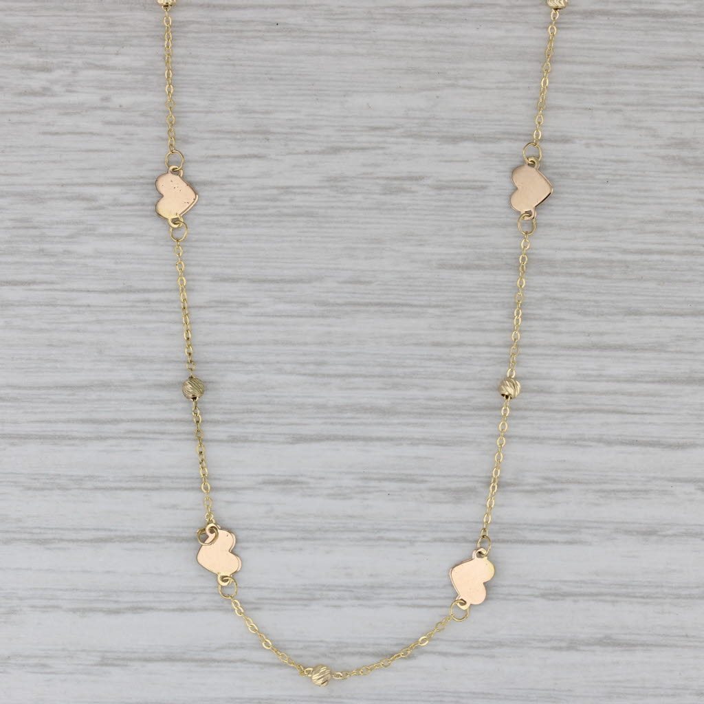 Gray Hearts & Beads Station Necklace 14k Yellow Gold 18" Cable Chain