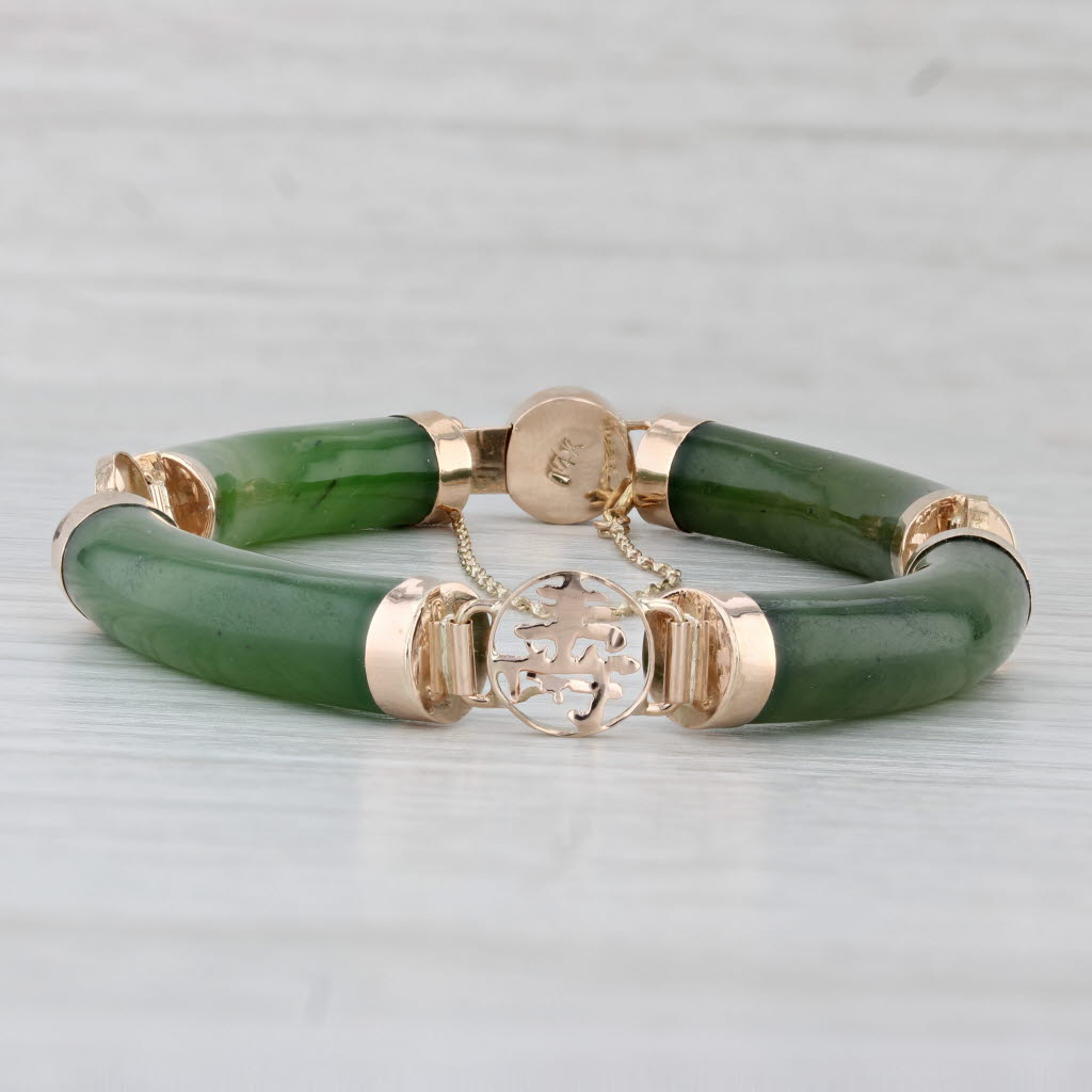 Light Gray Nephrite Jade Chinese Character Bracelet 14k Yellow Gold 6 3/4" 7.3mm