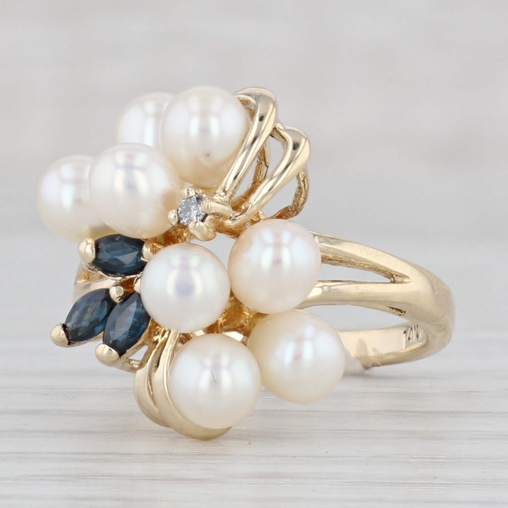 Light Gray 0.22ctw Blue Sapphire Cultured Pearl Cluster Ring 14k Yellow Gold Size 6.25