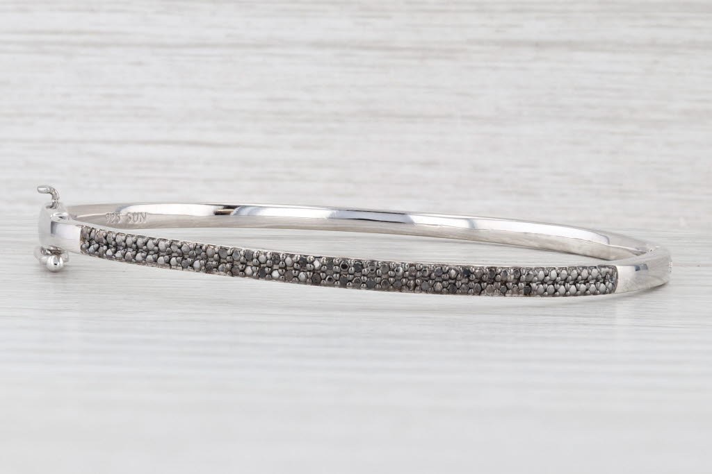 Light Gray 0.11ctw Black Pave Diamond Bangle Bracelet Sterling Silver 6.75" 3.4mm