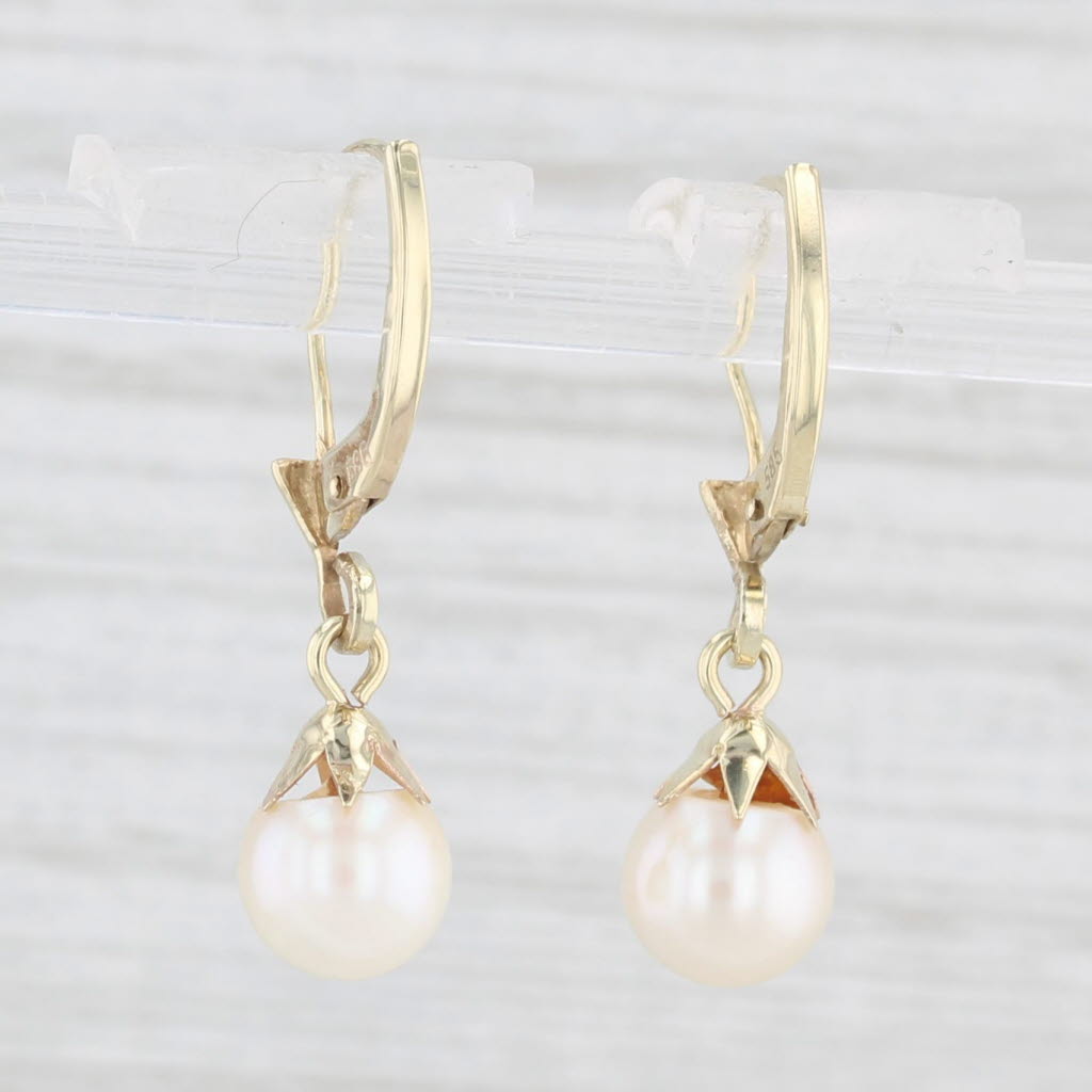 Light Gray Vintage Cultured Pearl Dangle Earrings 14k Yellow Gold Lever Backs