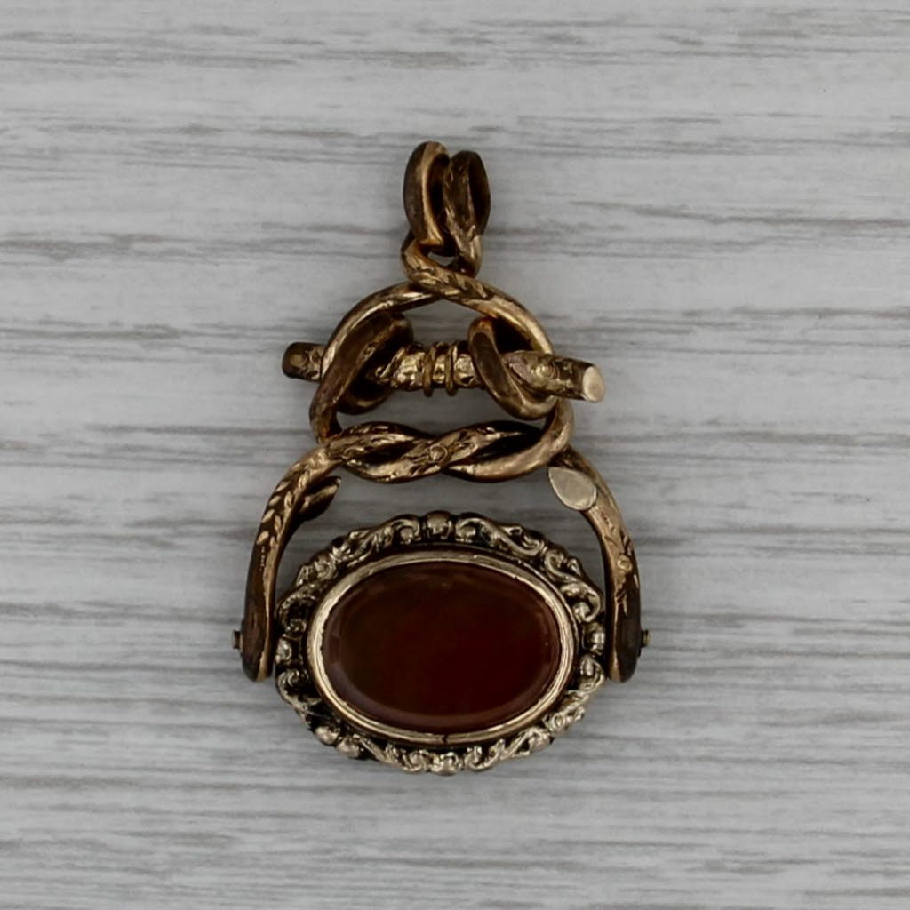 Antique Chalcedony Agate Watch Fob Gold Filled Pendant Spins