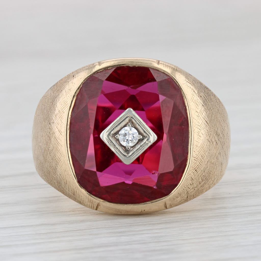 Light Gray Lab Created Ruby Diamond Ring 10k Gold Vintage Men's Signet Size 10.5