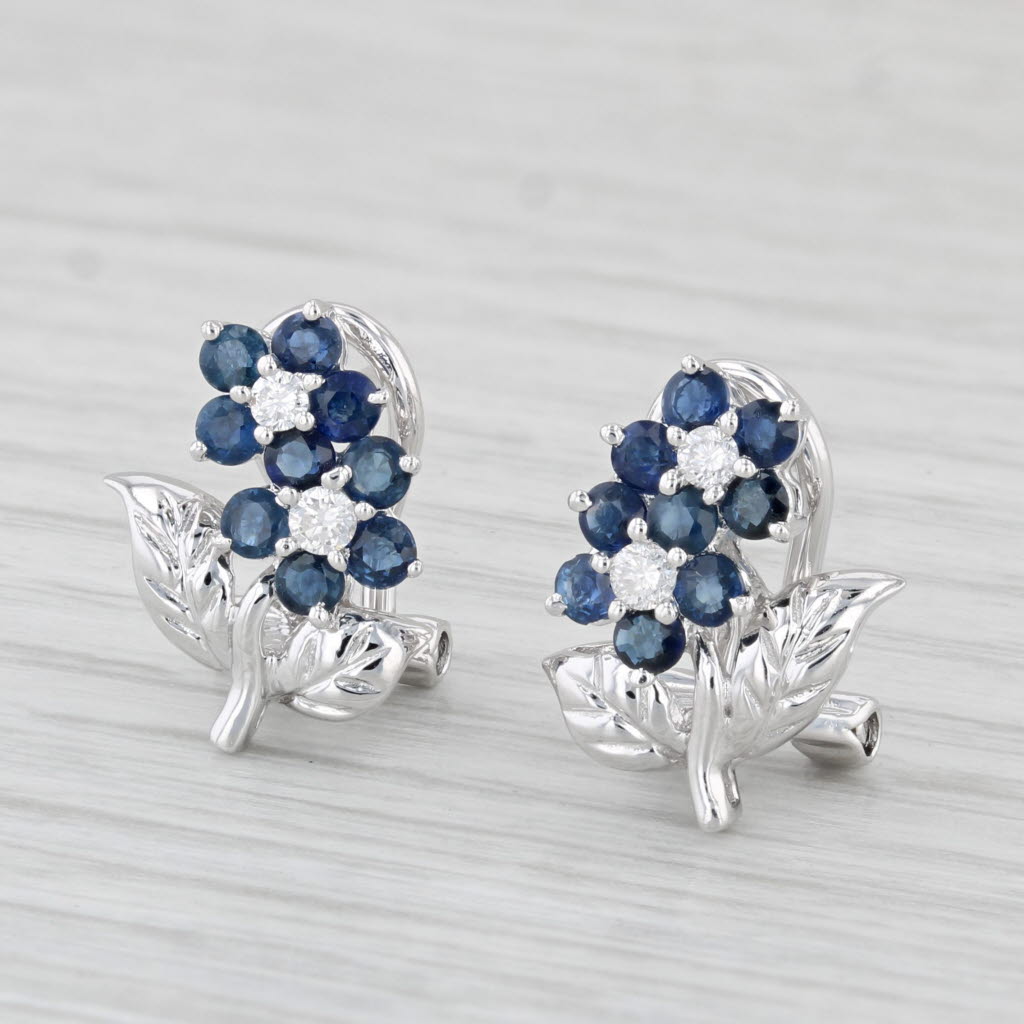 Light Gray 0.88ctw Blue Sapphire Diamond Flower Earrings 18k White Gold Omega Backs