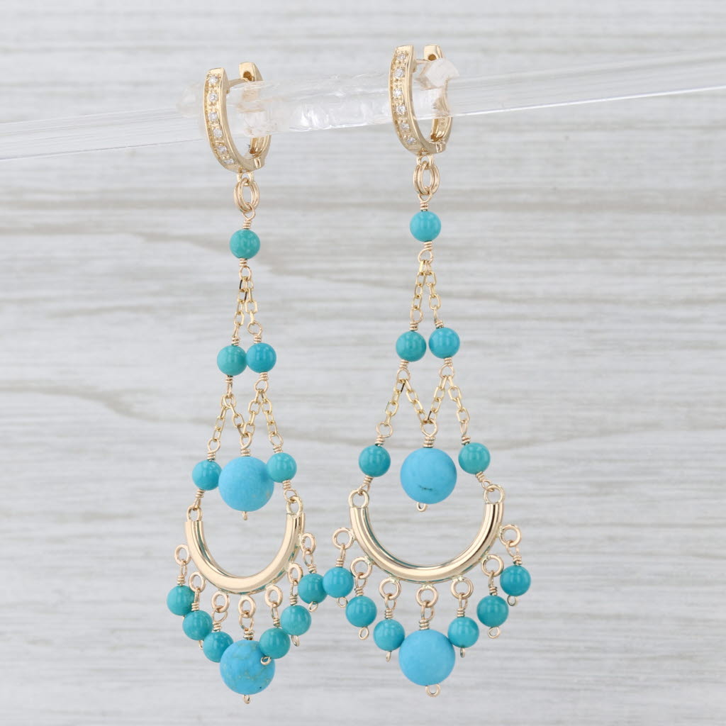 Imitation Turquoise Dangle Earrings 14k Yellow Gold Diamond Hoops