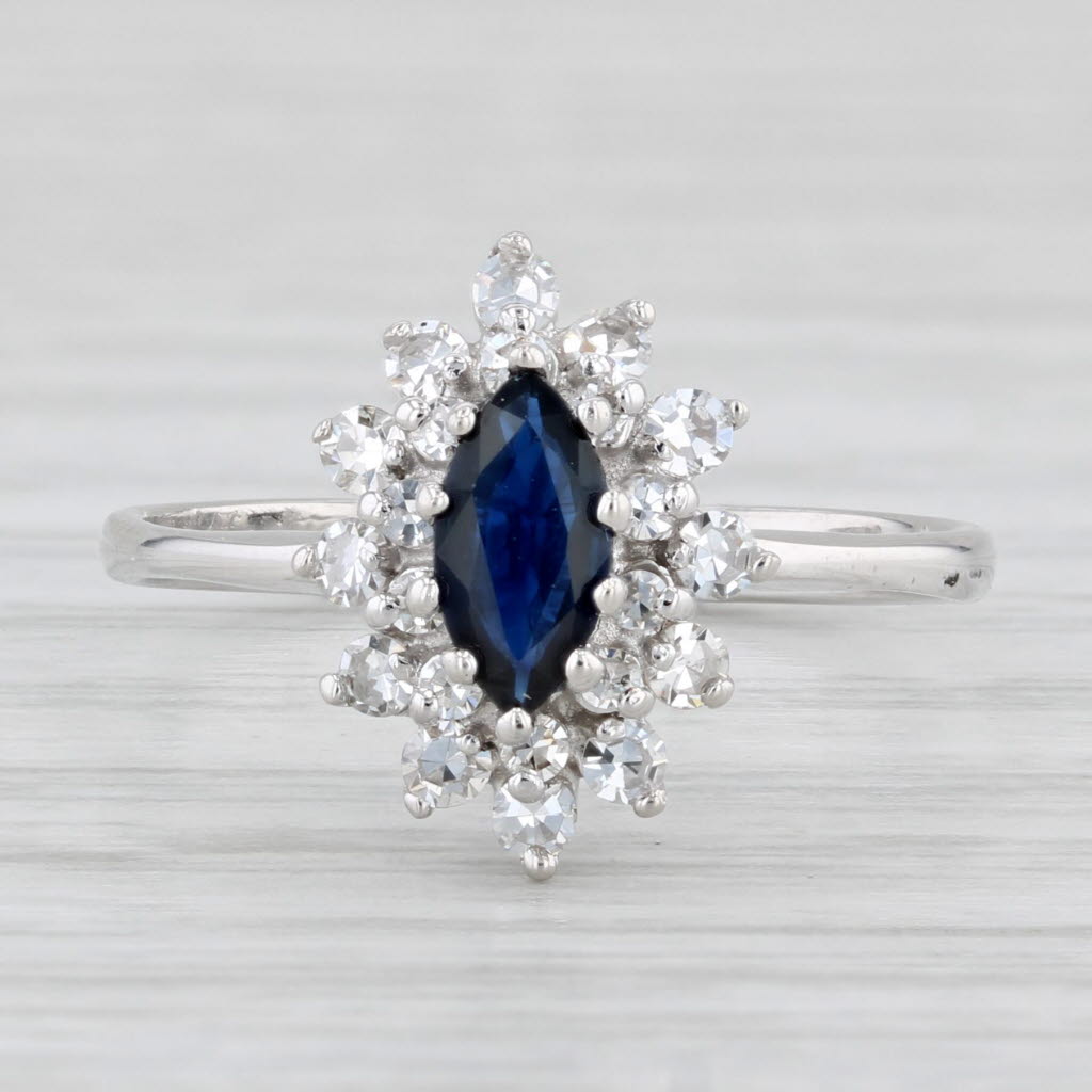 Light Gray 0.80ctw Marquise Blue Sapphire Diamond Halo Ring 14k Gold Size 6.5 Engagement