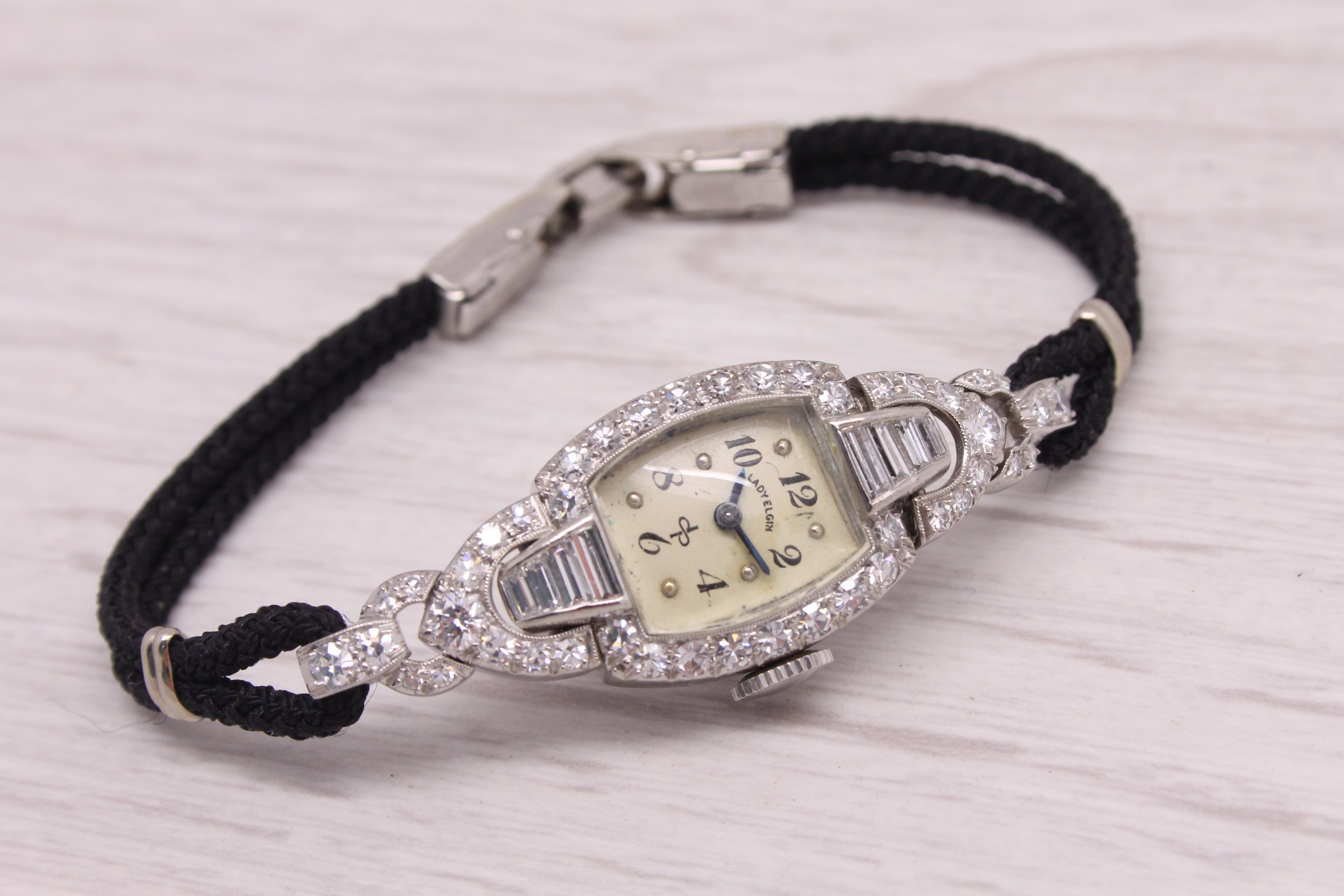 Light Gray Vintage Lady Elgin Platinum & 1ctw Diamond Art Deco Ladies Wrist Watch Serviced