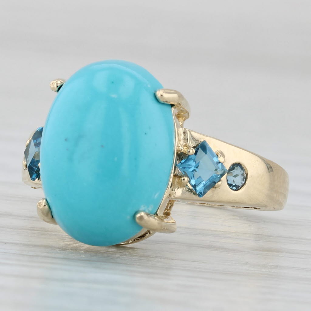 Light Gray Oval Cabochon Simulated Turquoise Blue Topaz Ring 14k Yellow Gold Size 7