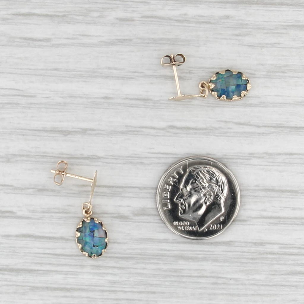 Blue Opal Quartz Doublet Dangle Earrings 14k Yellow Gold Mosaic Drops